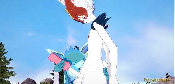 Pokemon Hentai Furry Yiff 3D - Glaceon handjob and fucked by Cinderace with creampie